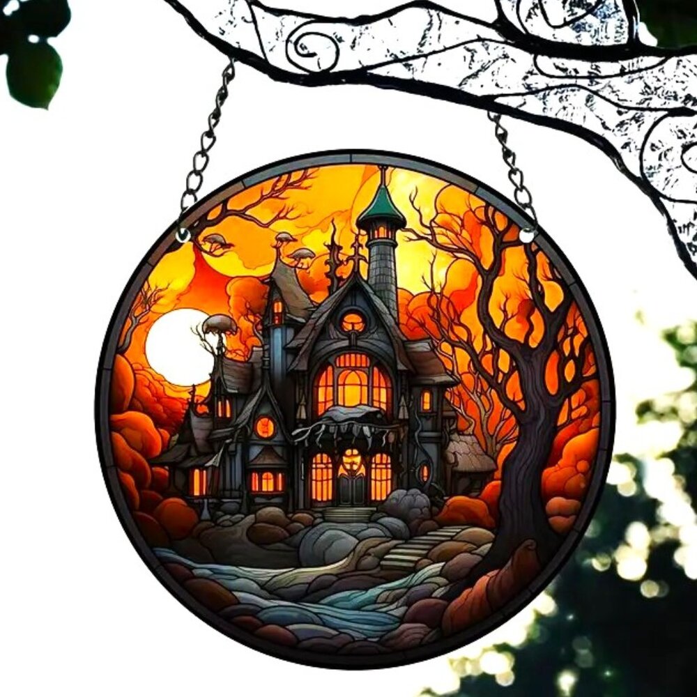 Haunted House Suncatcher Goth Halloween Creepy Forest Moon Hanging In/Outdoor